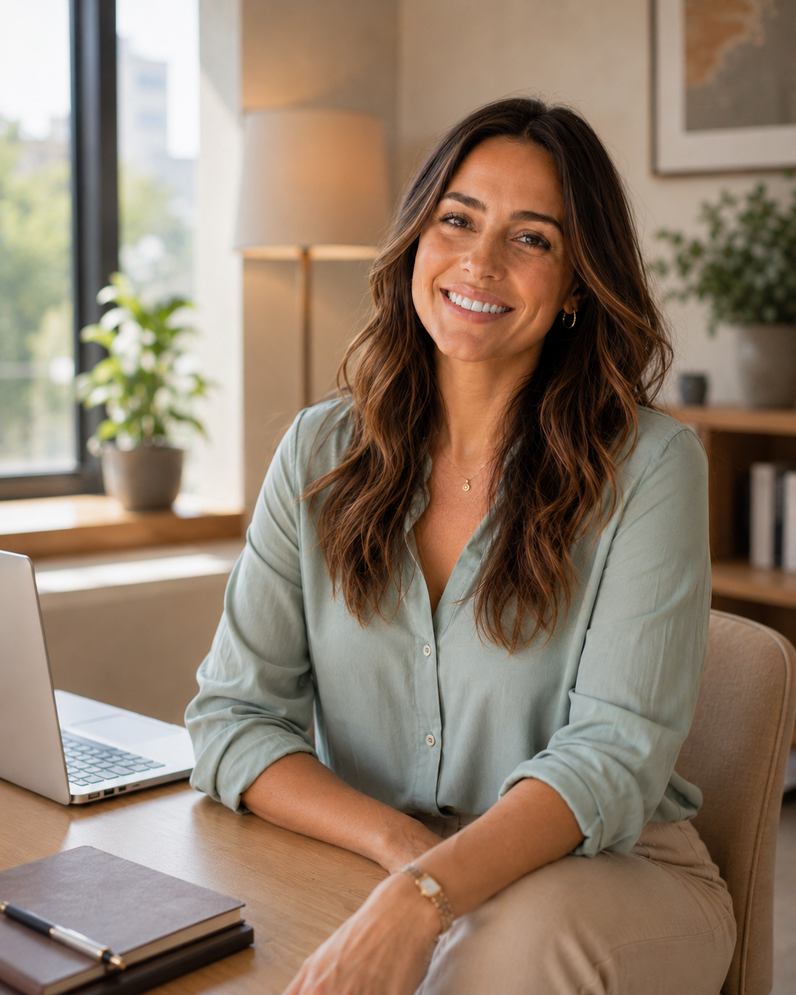 Femme manager épanouie en posture de leadership dans un bureau lumineux