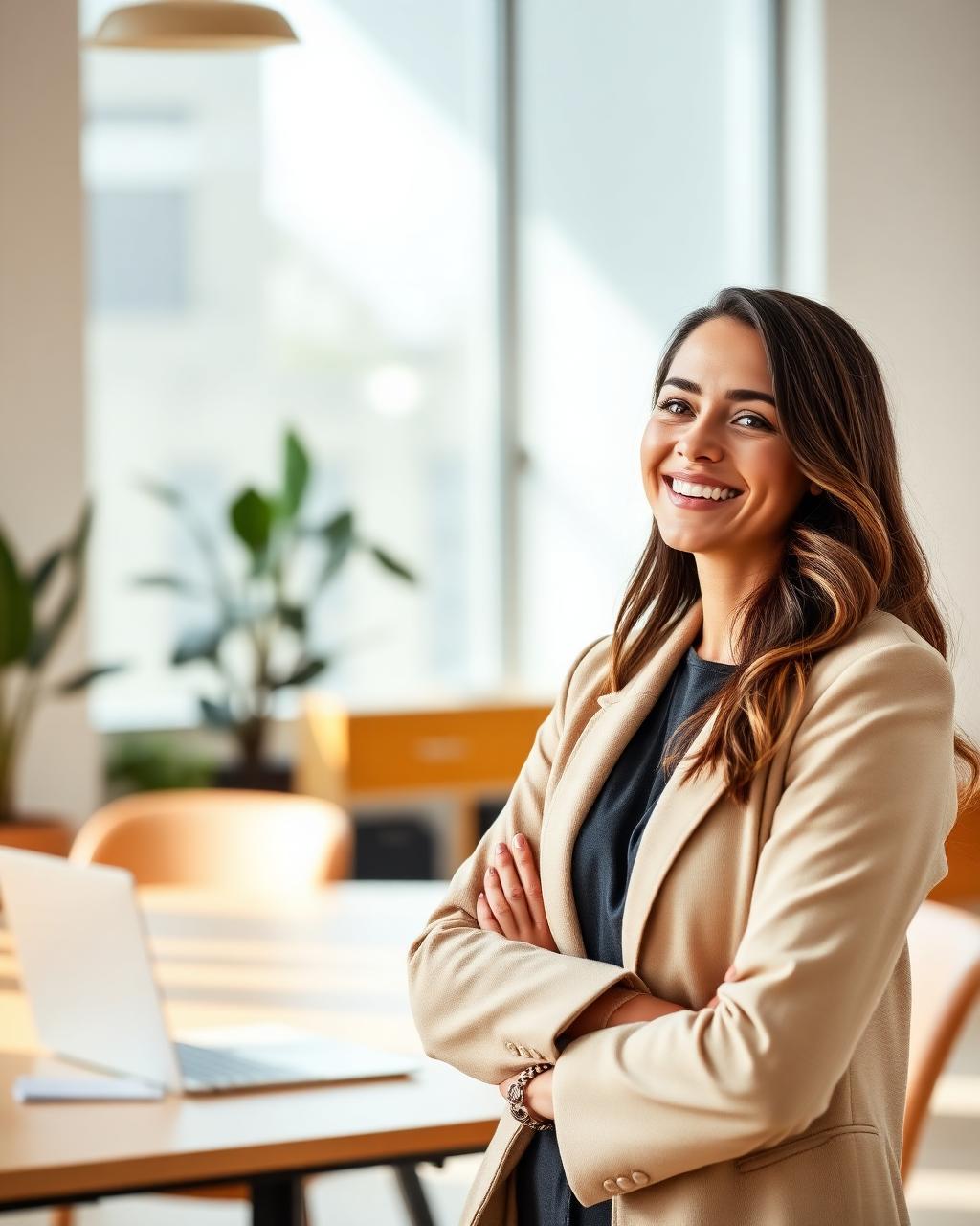 Femme manager épanouie en posture de leadership dans un bureau lumineux